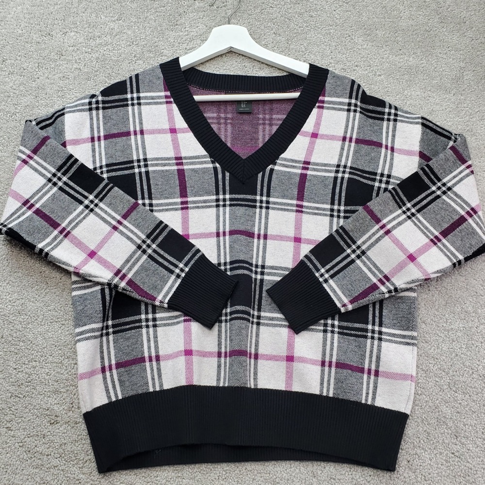 Tahari Plaid V-Neck Sweater Womens Medium Pink Black White Knit Academia Preppy